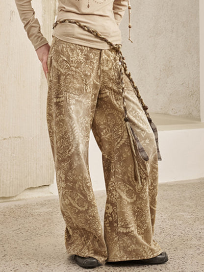 Vintage Paisley Print Washed Aged Straight Wide-Leg Pants【s0000013769】