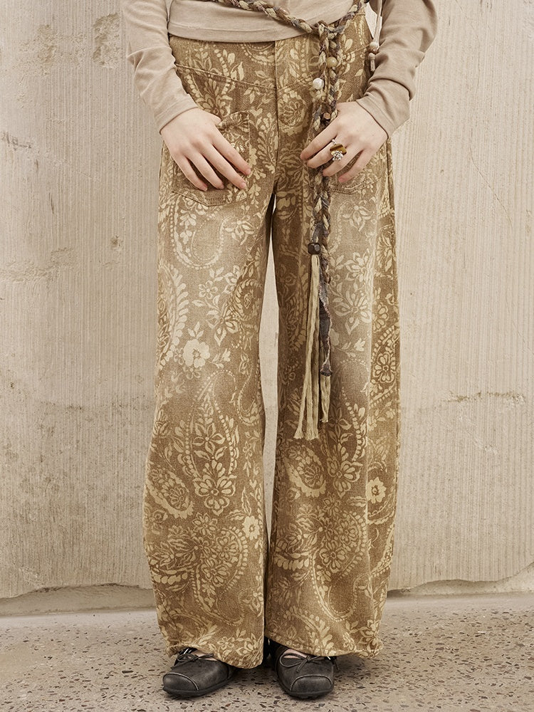 Vintage Paisley Print Washed Aged Straight Wide-Leg Pants【s0000013769】
