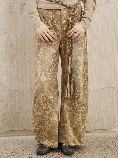 Vintage Paisley Print Washed Aged Straight Wide-Leg Pants【s0000013769】