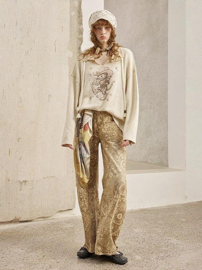 Vintage Paisley Print Washed Aged Straight Wide-Leg Pants【s0000013769】