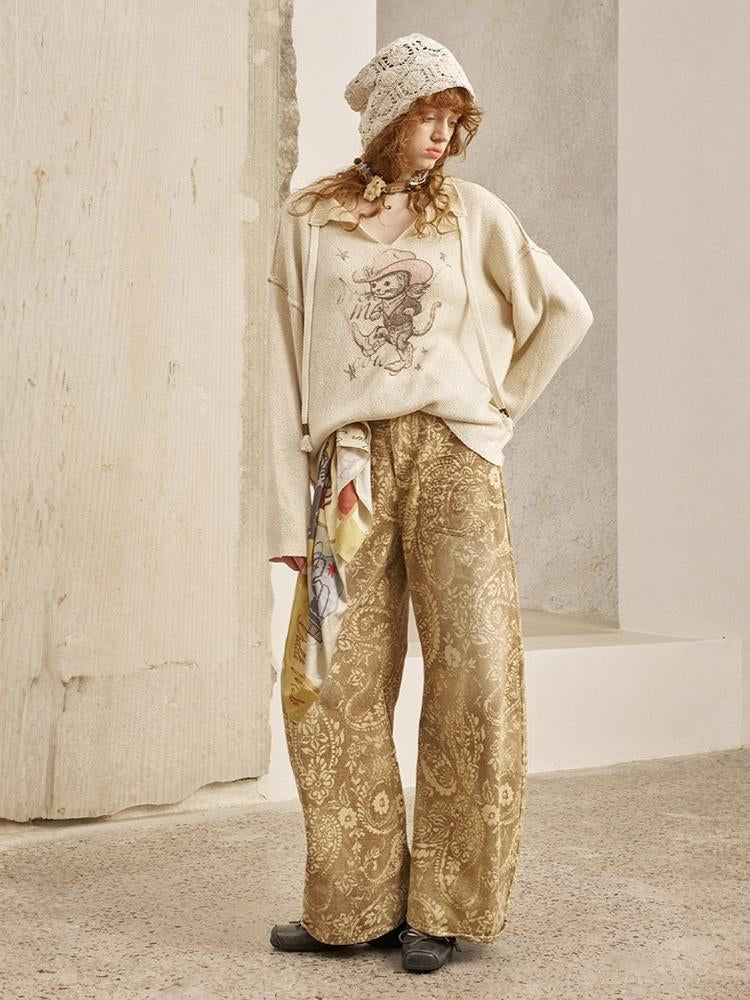 Vintage Paisley Print Washed Aged Straight Wide-Leg Pants【s0000013769】