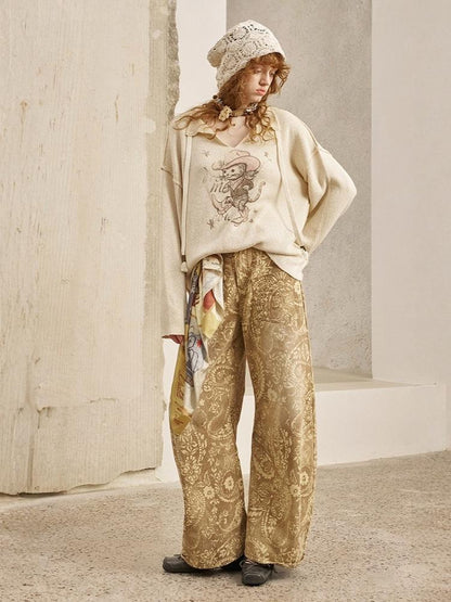 Vintage Paisley Print Washed Aged Straight Wide-Leg Pants【s0000013769】