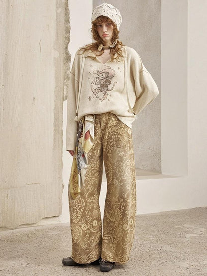 Vintage Paisley Print Washed Aged Straight Wide-Leg Pants【s0000013769】