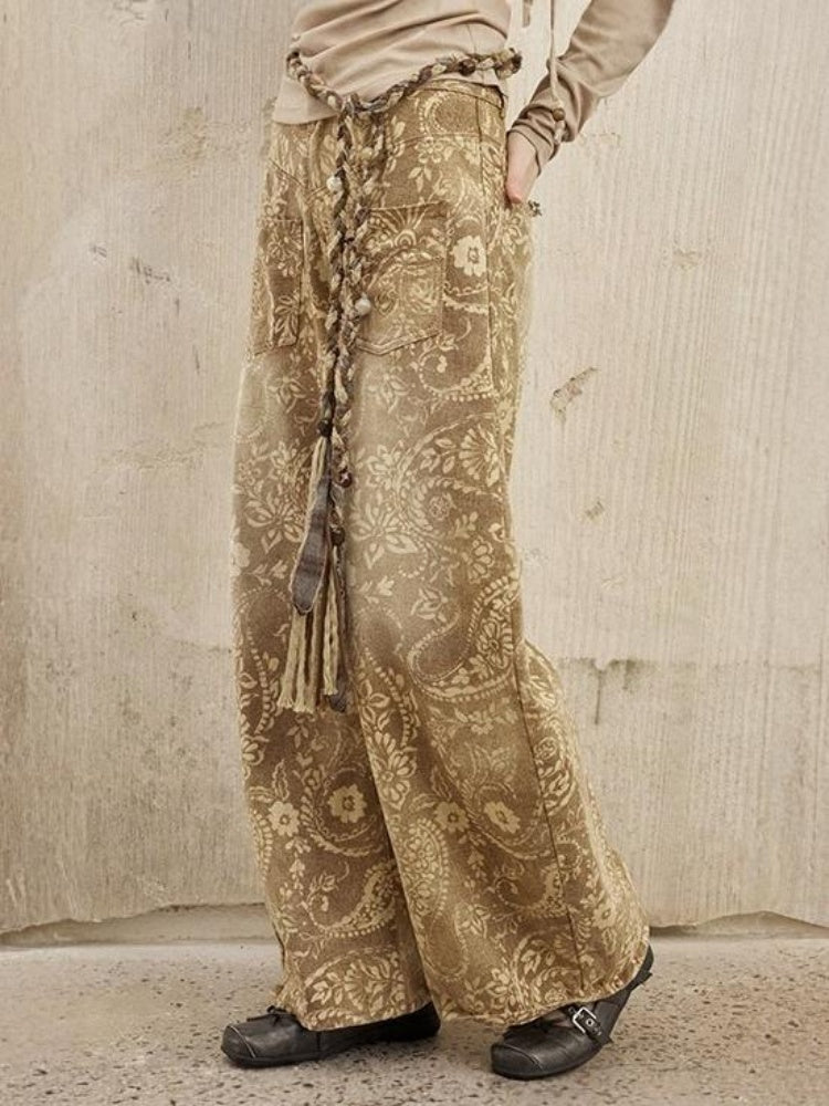 Vintage Paisley Print Washed Aged Straight Wide-Leg Pants