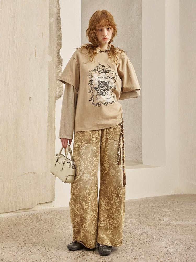 Vintage Paisley Print Washed Aged Straight Wide-Leg Pants【s0000013769】