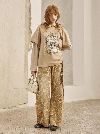 Vintage Paisley Print Washed Aged Straight Wide-Leg Pants【s0000013769】
