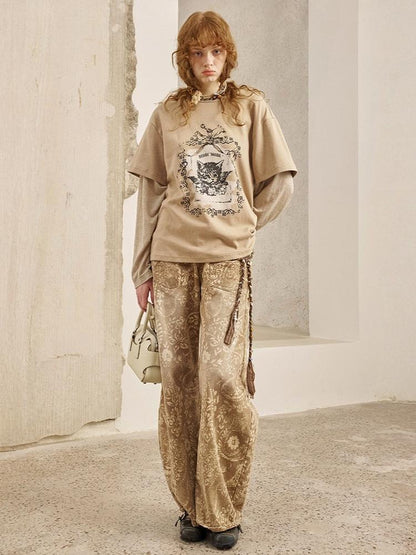 Vintage Paisley Print Washed Aged Straight Wide-Leg Pants【s0000013769】