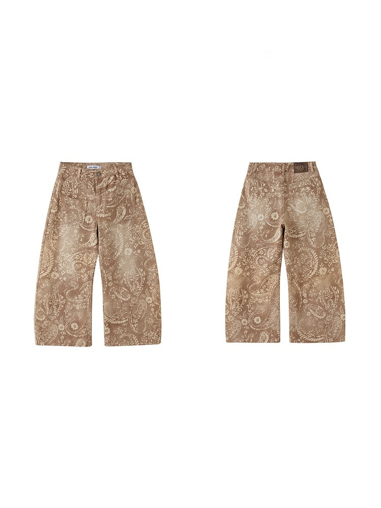 Vintage Paisley Print Washed Aged Straight Wide-Leg Pants【s0000013769】