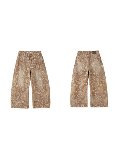 Vintage Paisley Print Washed Aged Straight Wide-Leg Pants【s0000013769】