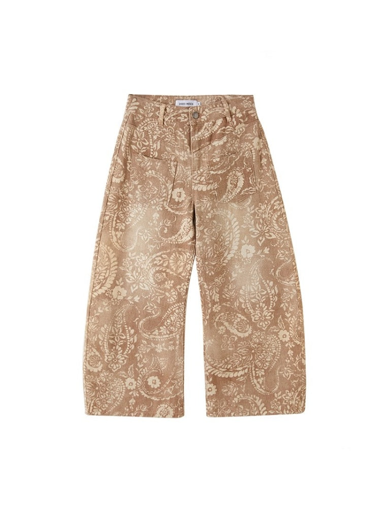 Vintage Paisley Print Washed Aged Straight Wide-Leg Pants【s0000013769】