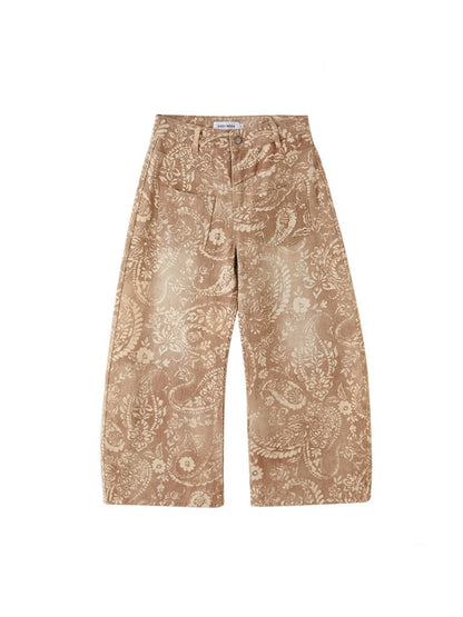 Vintage Paisley Print Washed Aged Straight Wide-Leg Pants【s0000013769】