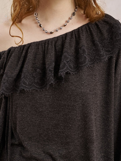 Lace Stitch Wrinkled One Shoulder Long Sleeve Loose Knit【s0000013771】