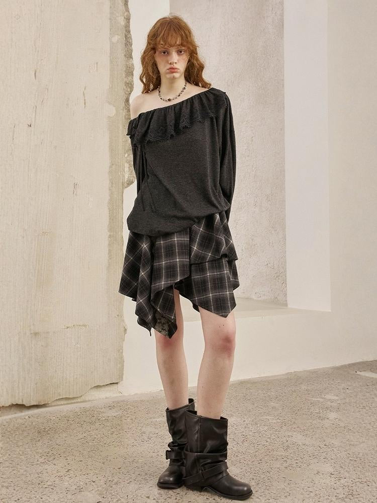Lace Stitch Wrinkled One Shoulder Long Sleeve Loose Knit【s0000013771】