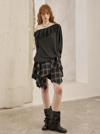 Lace Stitch Wrinkled One Shoulder Long Sleeve Loose Knit【s0000013771】