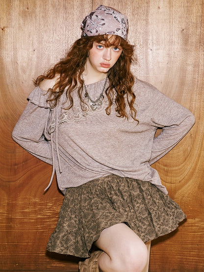 Lace Stitch Wrinkled One Shoulder Long Sleeve Loose Knit【s0000013771】