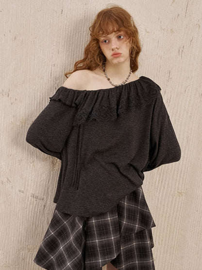 Lace Stitch Wrinkled One Shoulder Long Sleeve Loose Knit【s0000013771】