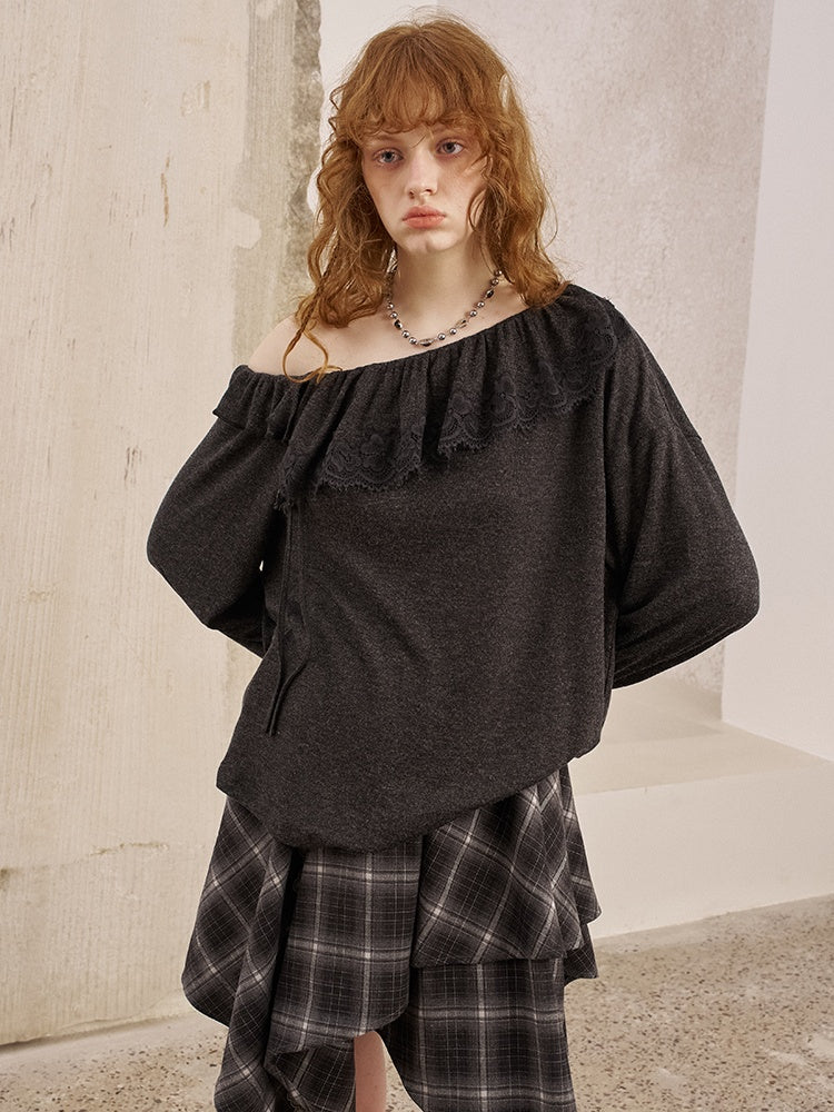 Lace Stitch Wrinkled One Shoulder Long Sleeve Loose Knit【s0000013771】