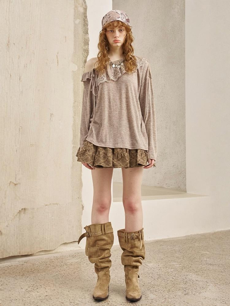 Lace Stitch Wrinkled One Shoulder Long Sleeve Loose Knit【s0000013771】