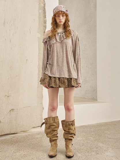 Lace Stitch Wrinkled One Shoulder Long Sleeve Loose Knit【s0000013771】