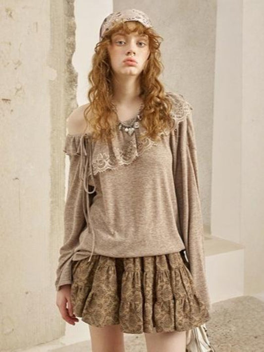 Lace Stitch Wrinkled One Shoulder Long Sleeve Loose Knit【s0000013771】