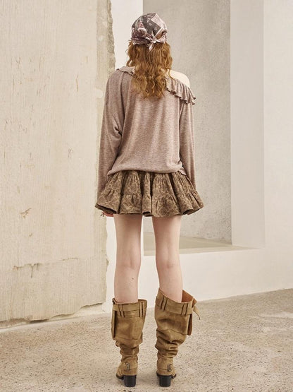 Lace Stitch Wrinkled One Shoulder Long Sleeve Loose Knit【s0000013771】