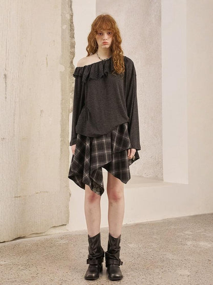 Lace Stitch Wrinkled One Shoulder Long Sleeve Loose Knit【s0000013771】