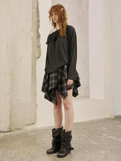 Lace Stitch Wrinkled One Shoulder Long Sleeve Loose Knit【s0000013771】