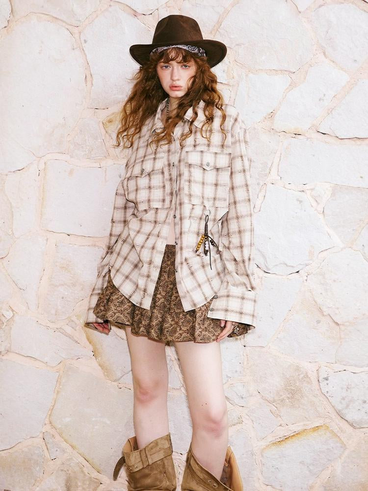 Vintage Style Distressed Back Flower Print Plaid Shirt【s0000013773】