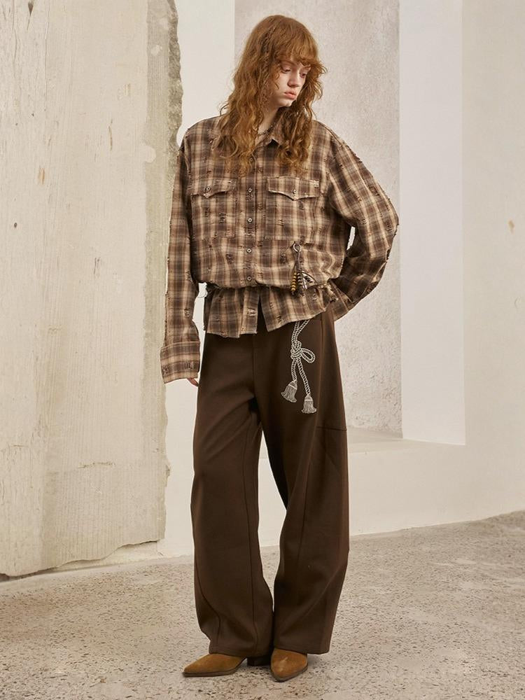 Vintage Style Distressed Back Flower Print Plaid Shirt【s0000013773】