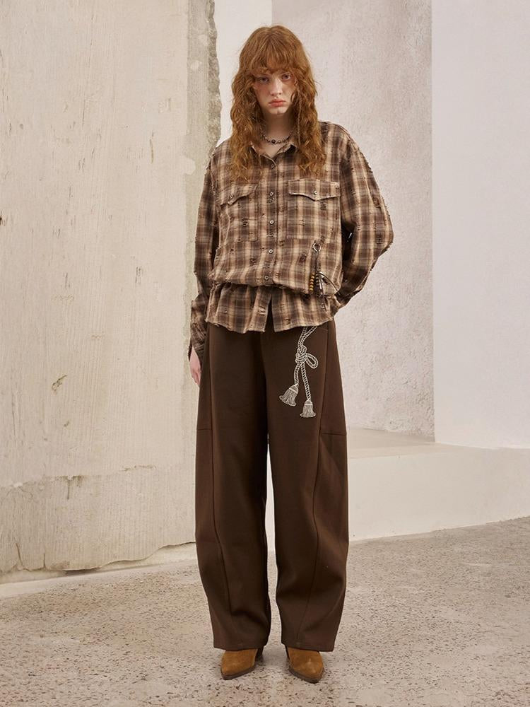 Vintage Style Distressed Back Flower Print Plaid Shirt【s0000013773】