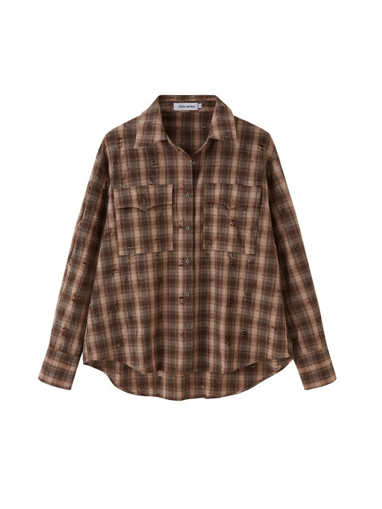 Vintage Style Distressed Back Flower Print Plaid Shirt【s0000013773】