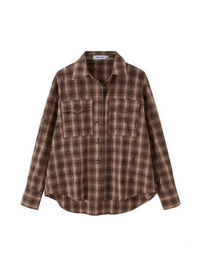 Vintage Style Distressed Back Flower Print Plaid Shirt【s0000013773】