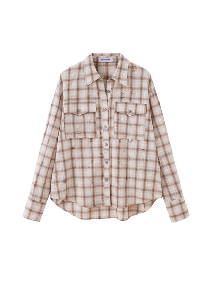 Vintage Style Distressed Back Flower Print Plaid Shirt【s0000013773】