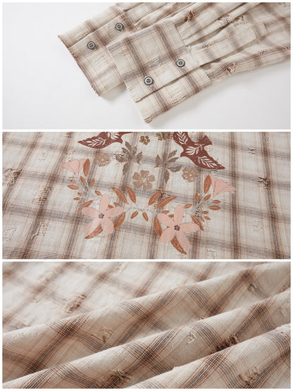 Vintage Style Distressed Back Flower Print Plaid Shirt【s0000013773】