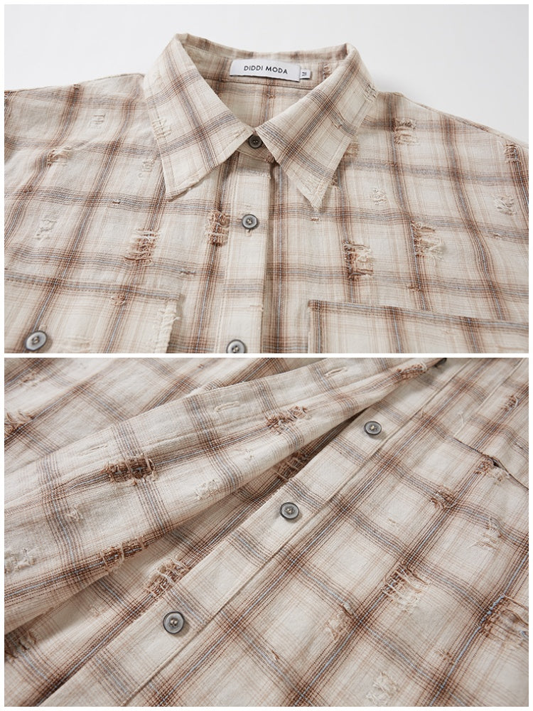 Vintage Style Distressed Back Flower Print Plaid Shirt【s0000013773】
