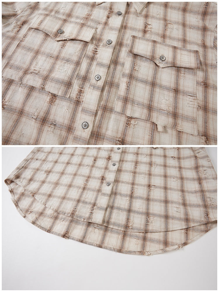Vintage Style Distressed Back Flower Print Plaid Shirt【s0000013773】