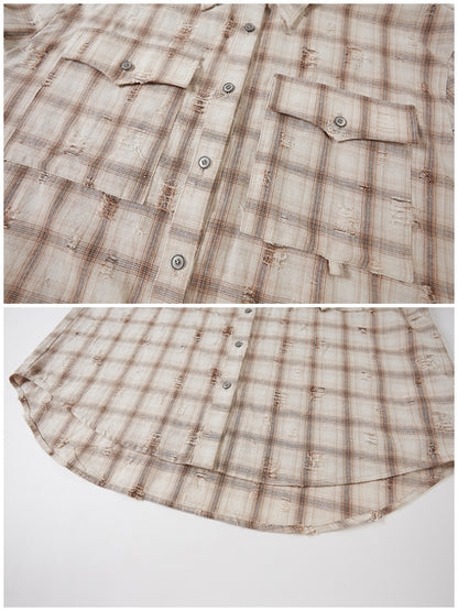 Vintage Style Distressed Back Flower Print Plaid Shirt【s0000013773】