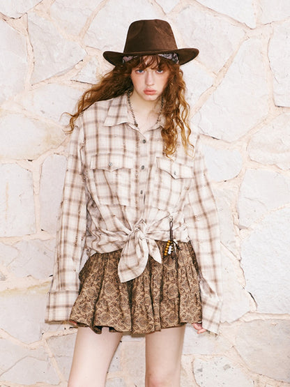 Vintage Style Distressed Back Flower Print Plaid Shirt【s0000013773】