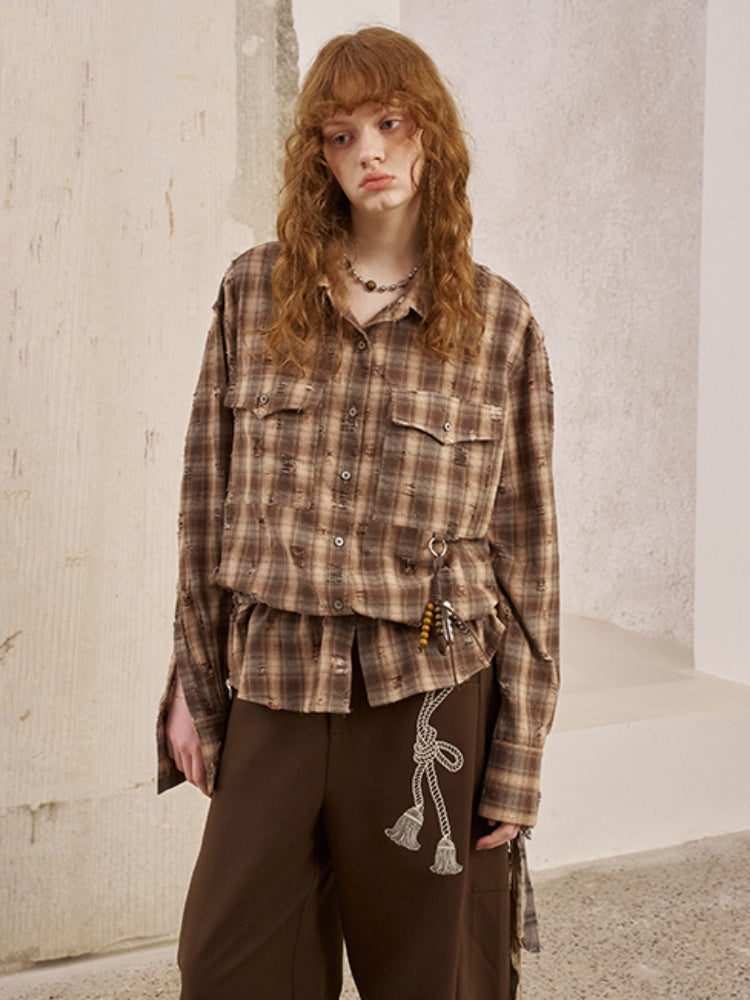 Vintage Style Distressed Back Flower Print Plaid Shirt【s0000013773】