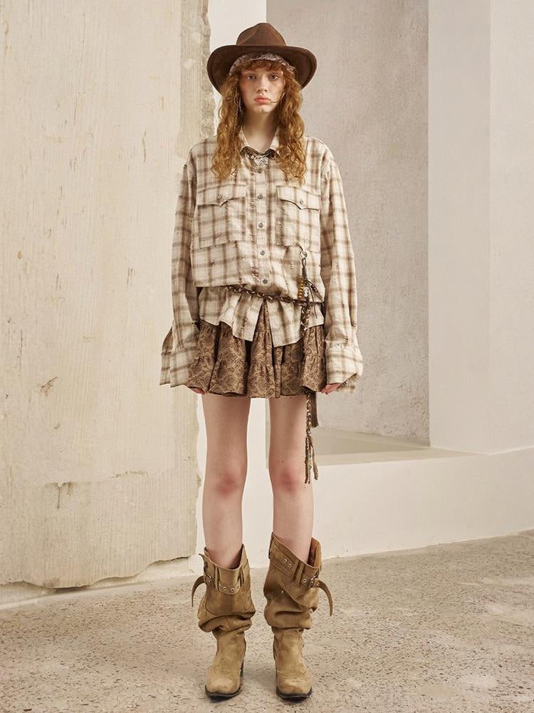 Vintage Style Distressed Back Flower Print Plaid Shirt【s0000013773】