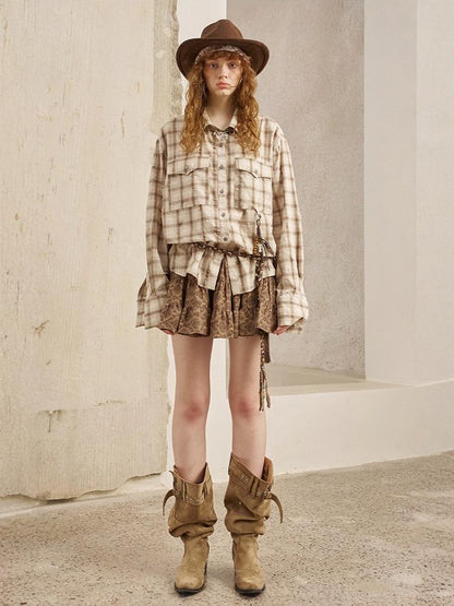 Vintage Style Distressed Back Flower Print Plaid Shirt【s0000013773】