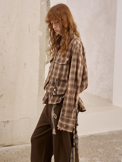 Vintage Style Distressed Back Flower Print Plaid Shirt【s0000013773】