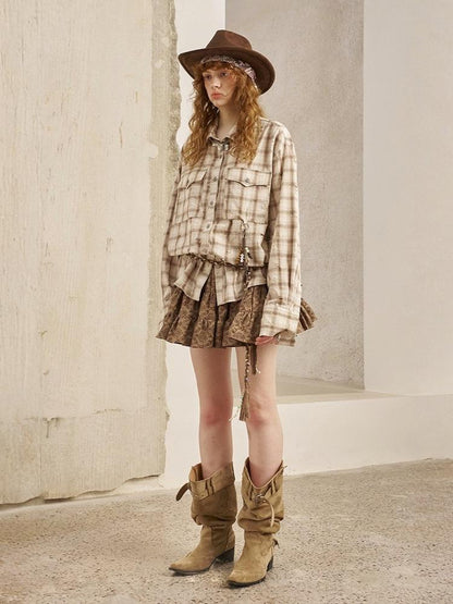 Vintage Style Distressed Back Flower Print Plaid Shirt【s0000013773】