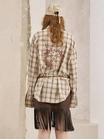 Vintage Style Distressed Back Flower Print Plaid Shirt【s0000013773】