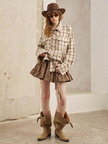 Vintage Style Distressed Back Flower Print Plaid Shirt【s0000013773】