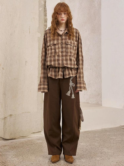 Vintage Style Distressed Back Flower Print Plaid Shirt【s0000013773】