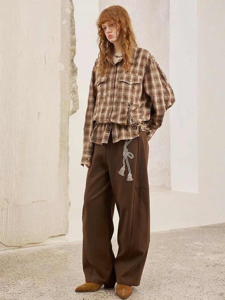 Vintage Style Distressed Back Flower Print Plaid Shirt【s0000013773】