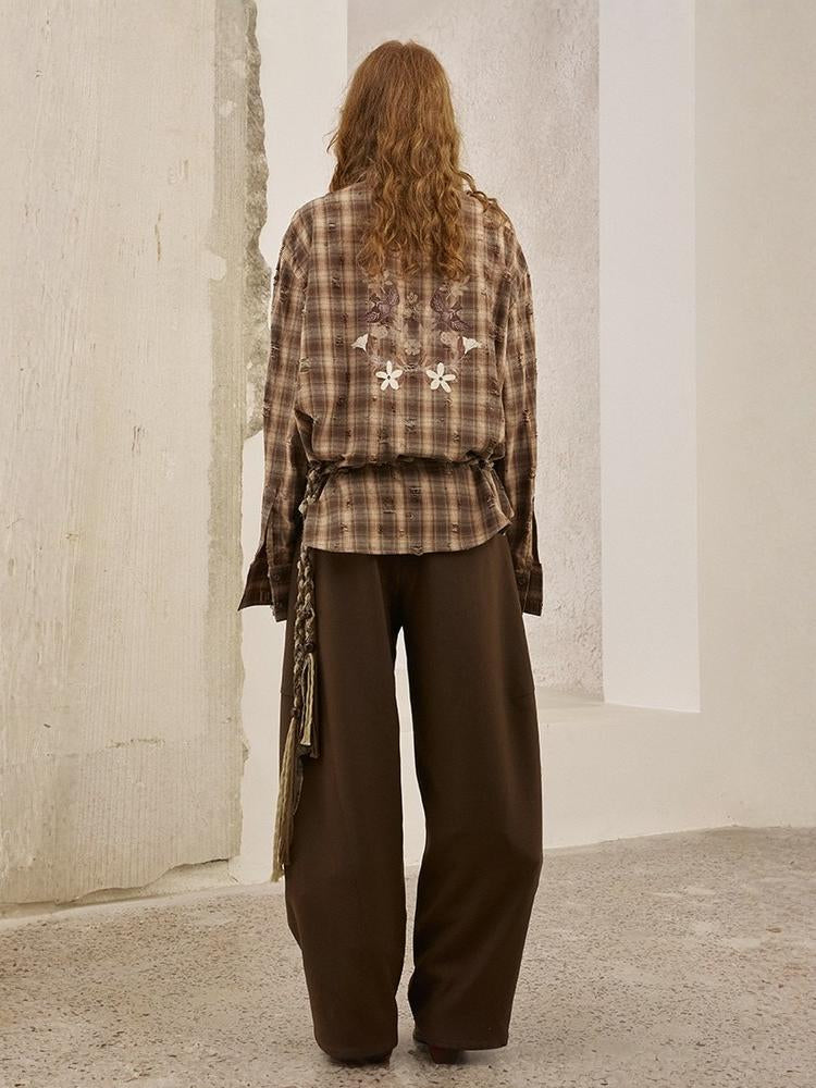 Vintage Style Distressed Back Flower Print Plaid Shirt【s0000013773】