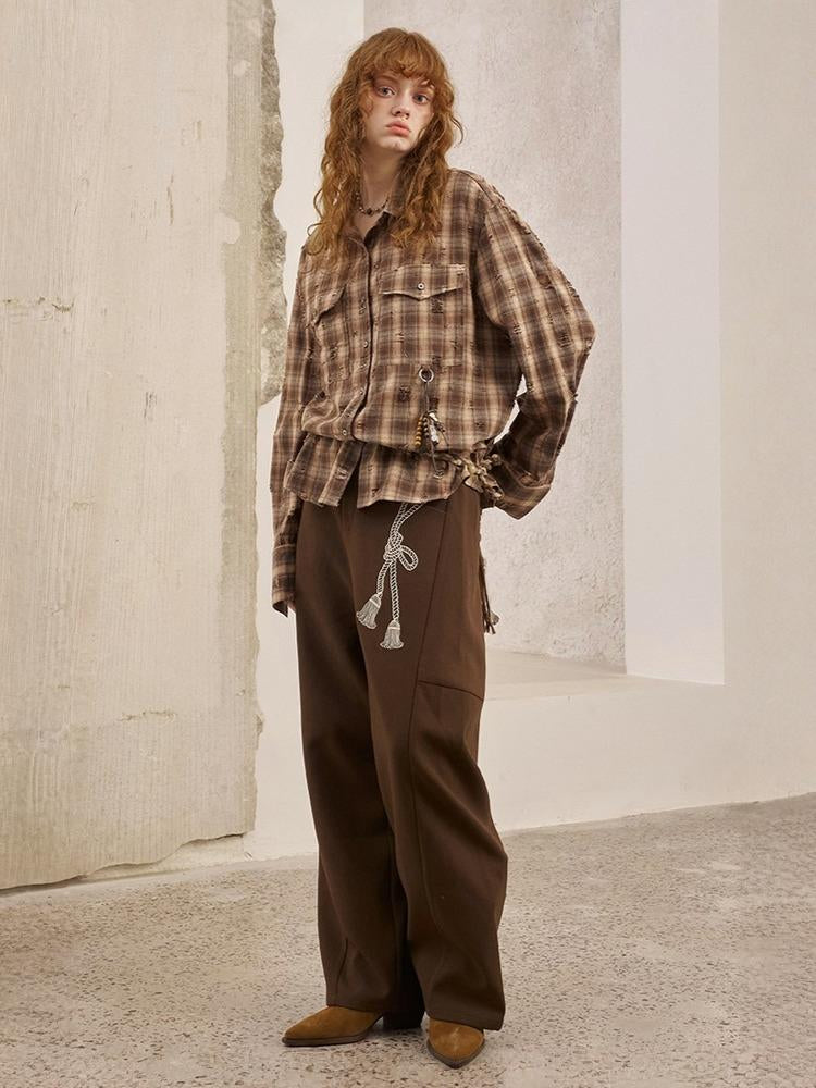Vintage Style Distressed Back Flower Print Plaid Shirt【s0000013773】