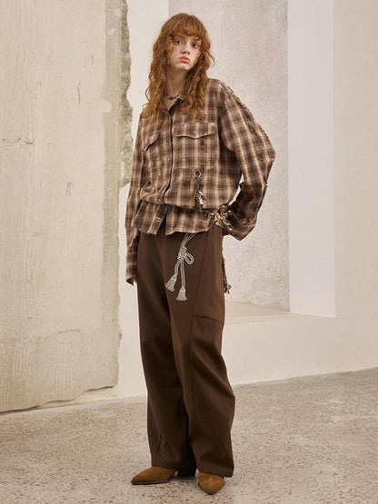 Vintage Style Distressed Back Flower Print Plaid Shirt【s0000013773】
